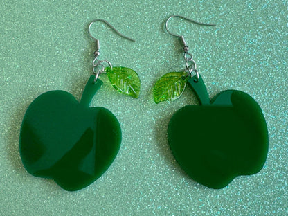 Green Apple Earrings: Laser Cut Acrylic Apples, Fruit, Fall, Food Earrings, Teacher Gift, Green Earrings, Best Gifts for Her/Him/Them