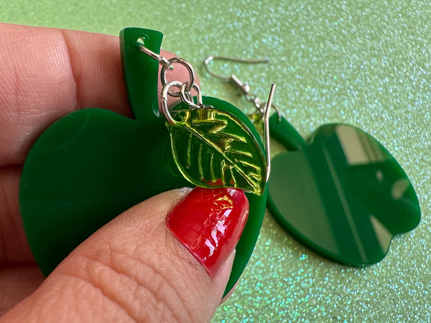 Green Apple Earrings: Laser Cut Acrylic Apples, Fruit, Fall, Food Earrings, Teacher Gift, Green Earrings, Best Gifts for Her/Him/Them