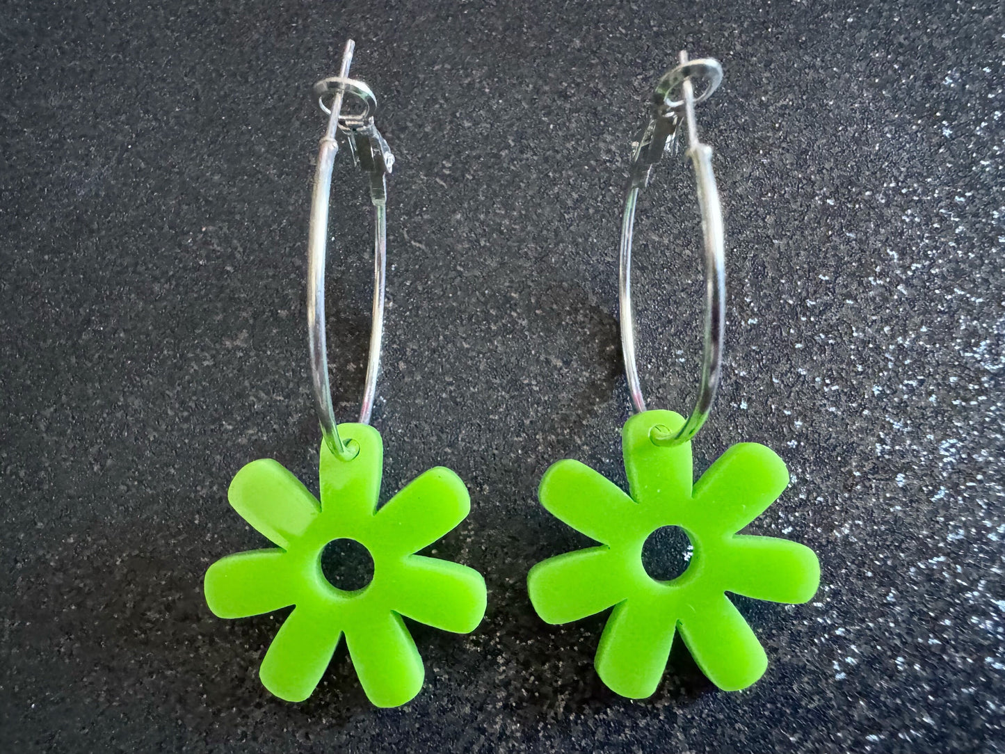 Green Flower Earrings: Laser Cut Acrylic Flowers on Loops, Floral, Flowers, Tropical, Botanical, Summer Vibes, Best Gifts for Her/Him/Them