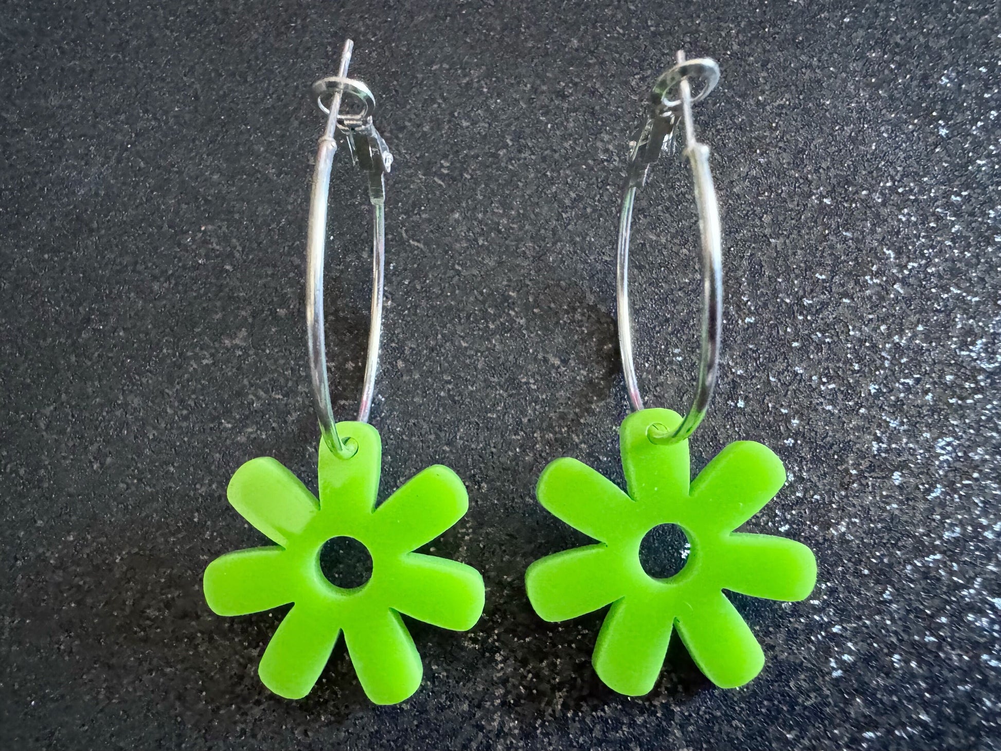 Green Flower Earrings: Laser Cut Acrylic Flowers on Loops, Floral, Flowers, Tropical, Botanical, Summer Vibes, Best Gifts for Her/Him/Them