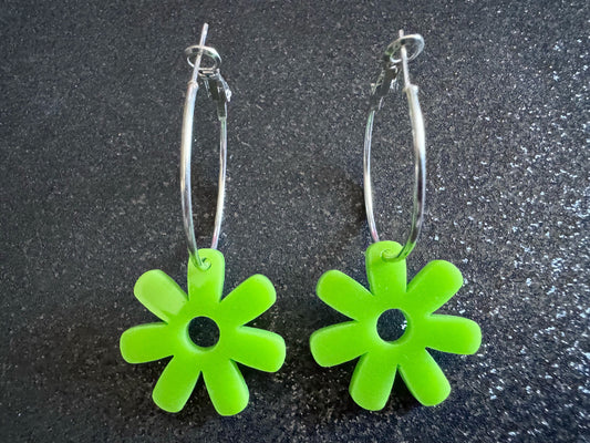 Green Flower Earrings: Laser Cut Acrylic Flowers on Loops, Floral, Flowers, Tropical, Botanical, Summer Vibes, Best Gifts for Her/Him/Them