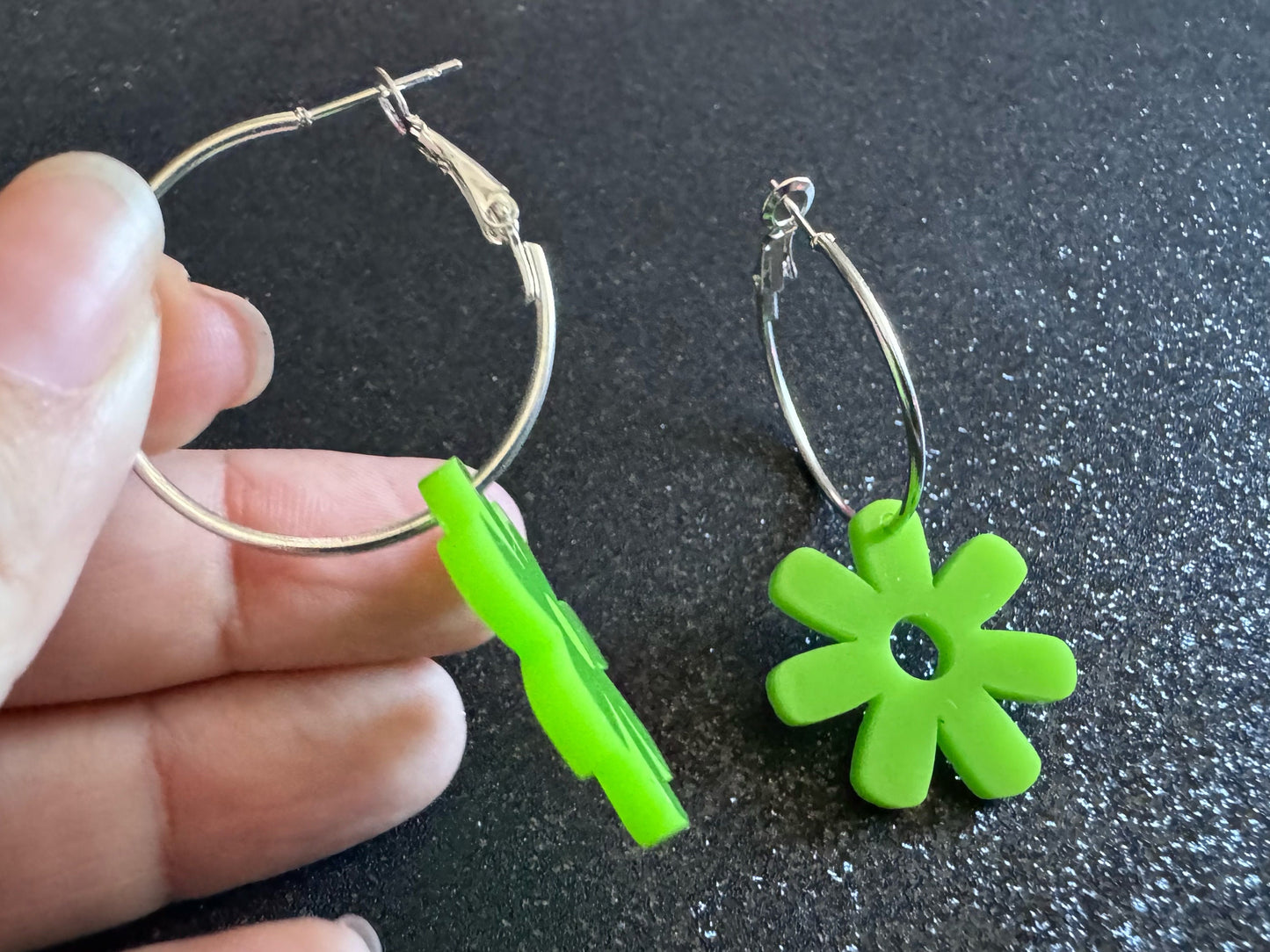 Green Flower Earrings: Laser Cut Acrylic Flowers on Loops, Floral, Flowers, Tropical, Botanical, Summer Vibes, Best Gifts for Her/Him/Them