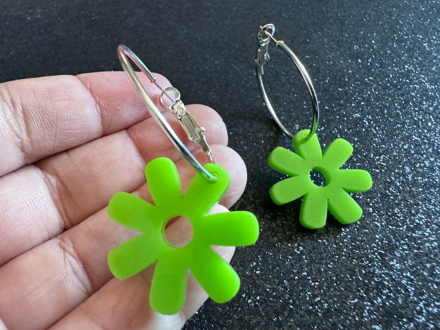 Green Flower Earrings: Laser Cut Acrylic Flowers on Loops, Floral, Flowers, Tropical, Botanical, Summer Vibes, Best Gifts for Her/Him/Them