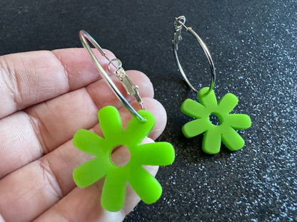 Green Flower Earrings: Laser Cut Acrylic Flowers on Loops, Floral, Flowers, Tropical, Botanical, Summer Vibes, Best Gifts for Her/Him/Them