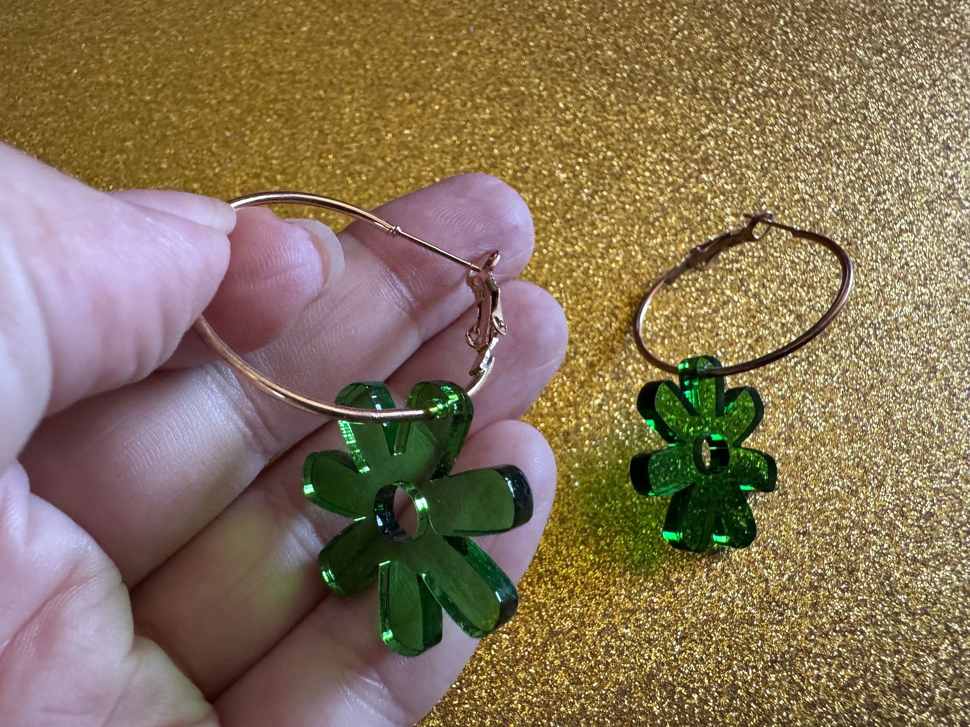 Green Flower Earrings: Laser Cut Acrylic Flowers on Loops, Floral, Flowers, Tropical, Botanical, Summer Vibes, Best Gifts for Her/Him/Them