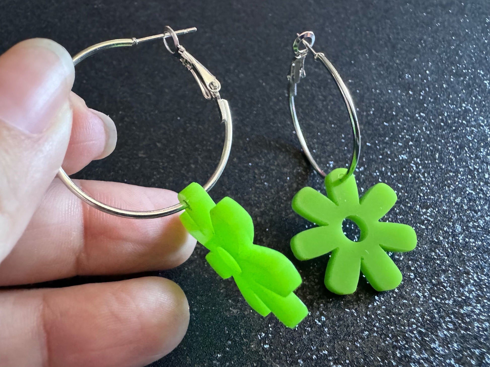 Green Flower Earrings: Laser Cut Acrylic Flowers on Loops, Floral, Flowers, Tropical, Botanical, Summer Vibes, Best Gifts for Her/Him/Them