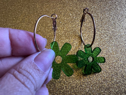 Green Flower Earrings: Laser Cut Acrylic Flowers on Loops, Floral, Flowers, Tropical, Botanical, Summer Vibes, Best Gifts for Her/Him/Them