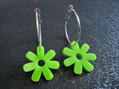 Green Flower Earrings: Laser Cut Acrylic Flowers on Loops, Floral, Flowers, Tropical, Botanical, Summer Vibes, Best Gifts for Her/Him/Them