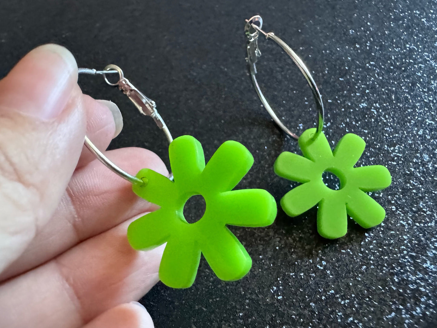 Green Flower Earrings: Laser Cut Acrylic Flowers on Loops, Floral, Flowers, Tropical, Botanical, Summer Vibes, Best Gifts for Her/Him/Them