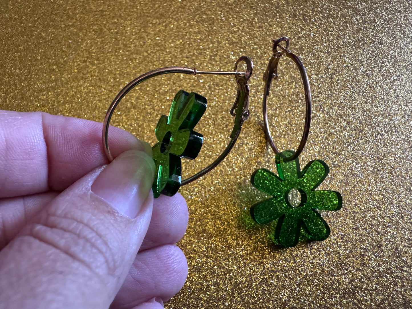 Green Flower Earrings: Laser Cut Acrylic Flowers on Loops, Floral, Flowers, Tropical, Botanical, Summer Vibes, Best Gifts for Her/Him/Them
