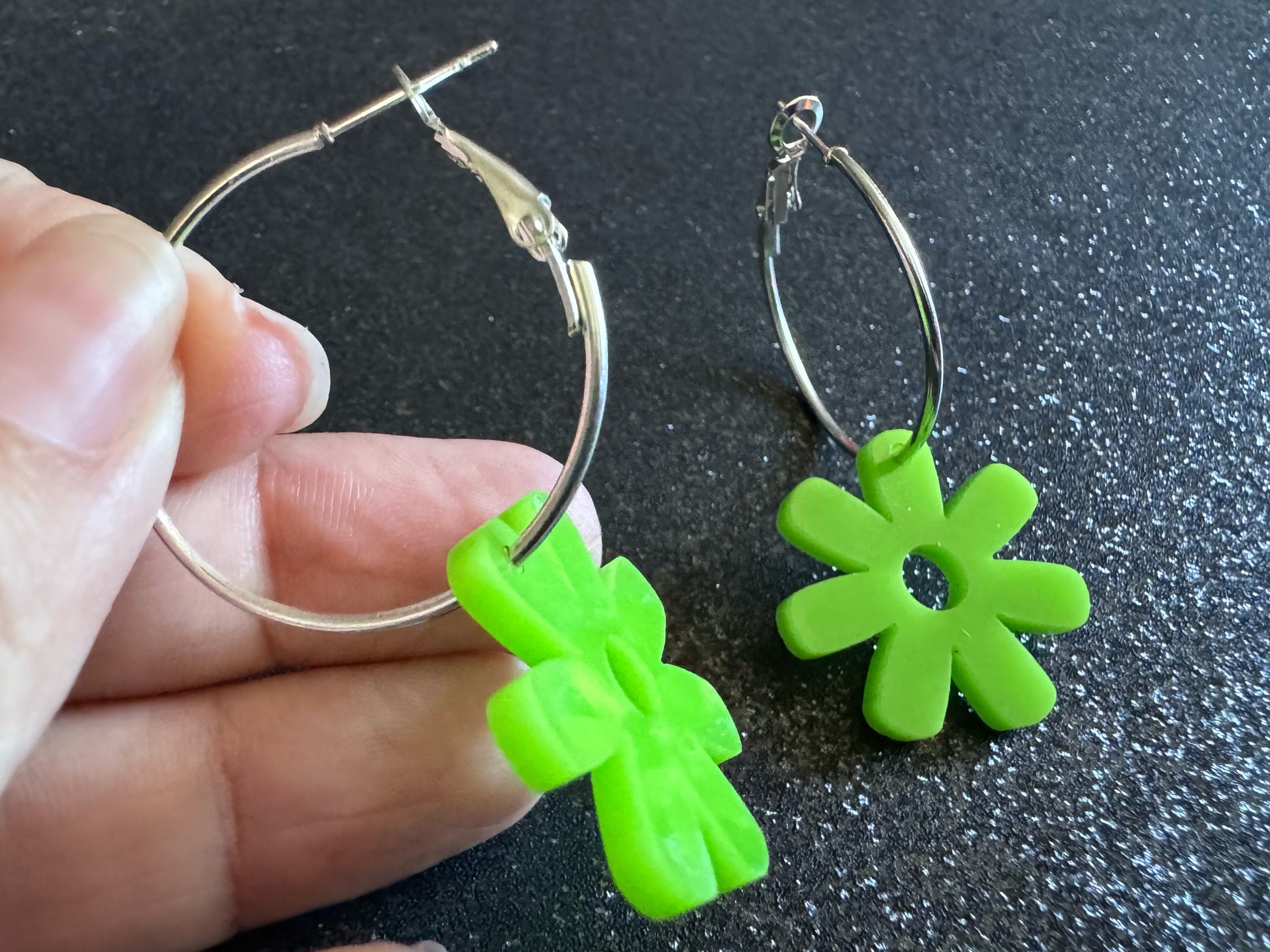 Green Flower Earrings: Laser Cut Acrylic Flowers on Loops, Floral, Flowers, Tropical, Botanical, Summer Vibes, Best Gifts for Her/Him/Them