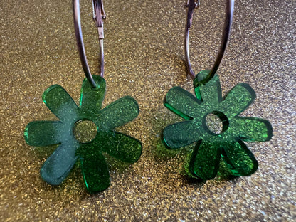 Green Flower Earrings: Laser Cut Acrylic Flowers on Loops, Floral, Flowers, Tropical, Botanical, Summer Vibes, Best Gifts for Her/Him/Them