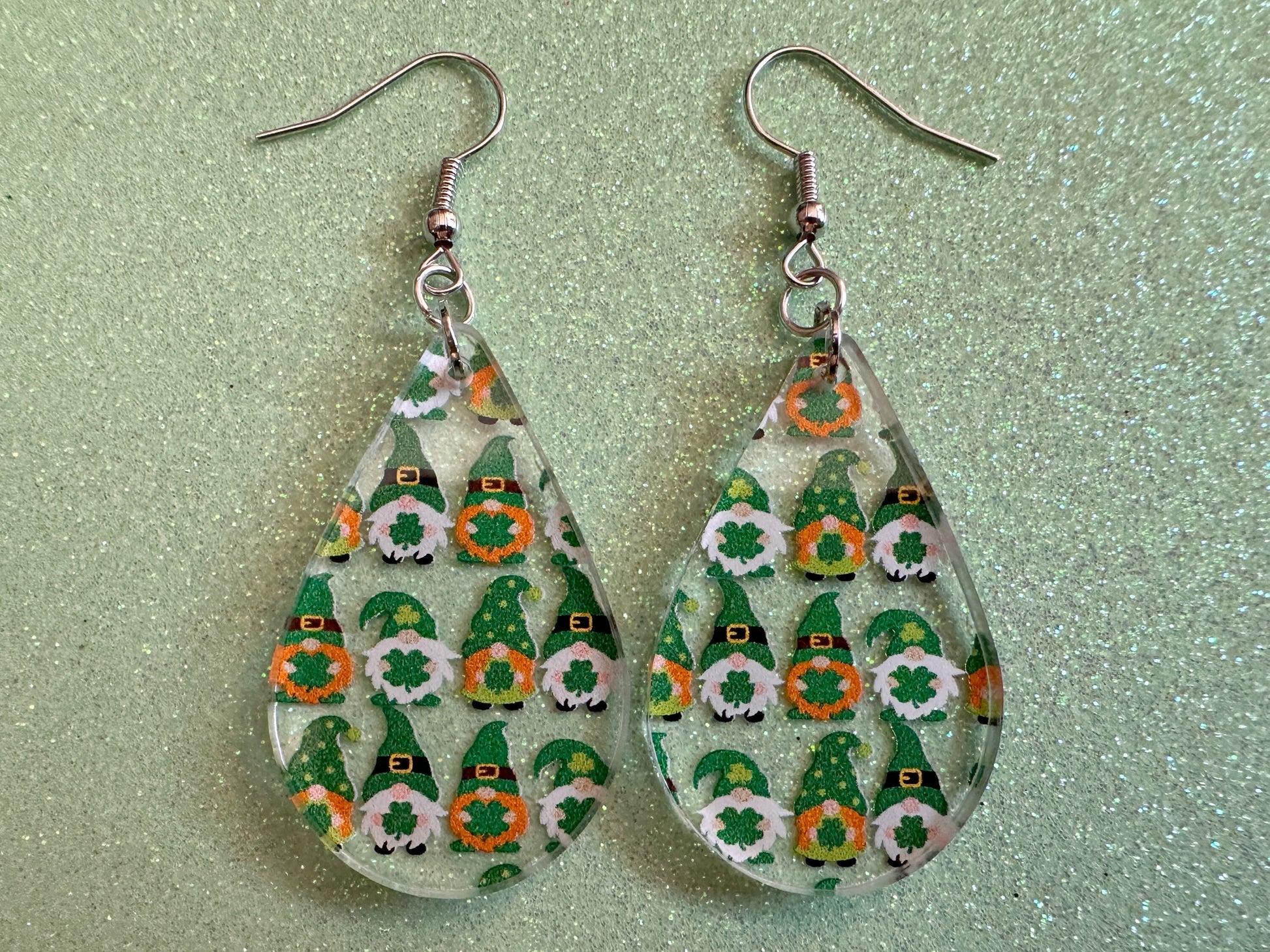 Green Gnome Earrings: Laser Cut Acrylic Gnomes, St. Patrick's Day, Green Earrings, Leprechaun, Four Leaf Clover, Best Gifts for Her/Him/Them