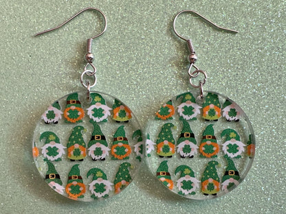 Green Gnome Earrings: Laser Cut Acrylic Gnomes, St. Patrick's Day, Green Earrings, Leprechaun, Four Leaf Clover, Best Gifts for Her/Him/Them