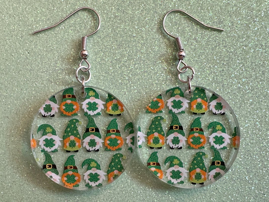 Green Gnome Earrings: Laser Cut Acrylic Gnomes, St. Patrick's Day, Green Earrings, Leprechaun, Four Leaf Clover, Best Gifts for Her/Him/Them