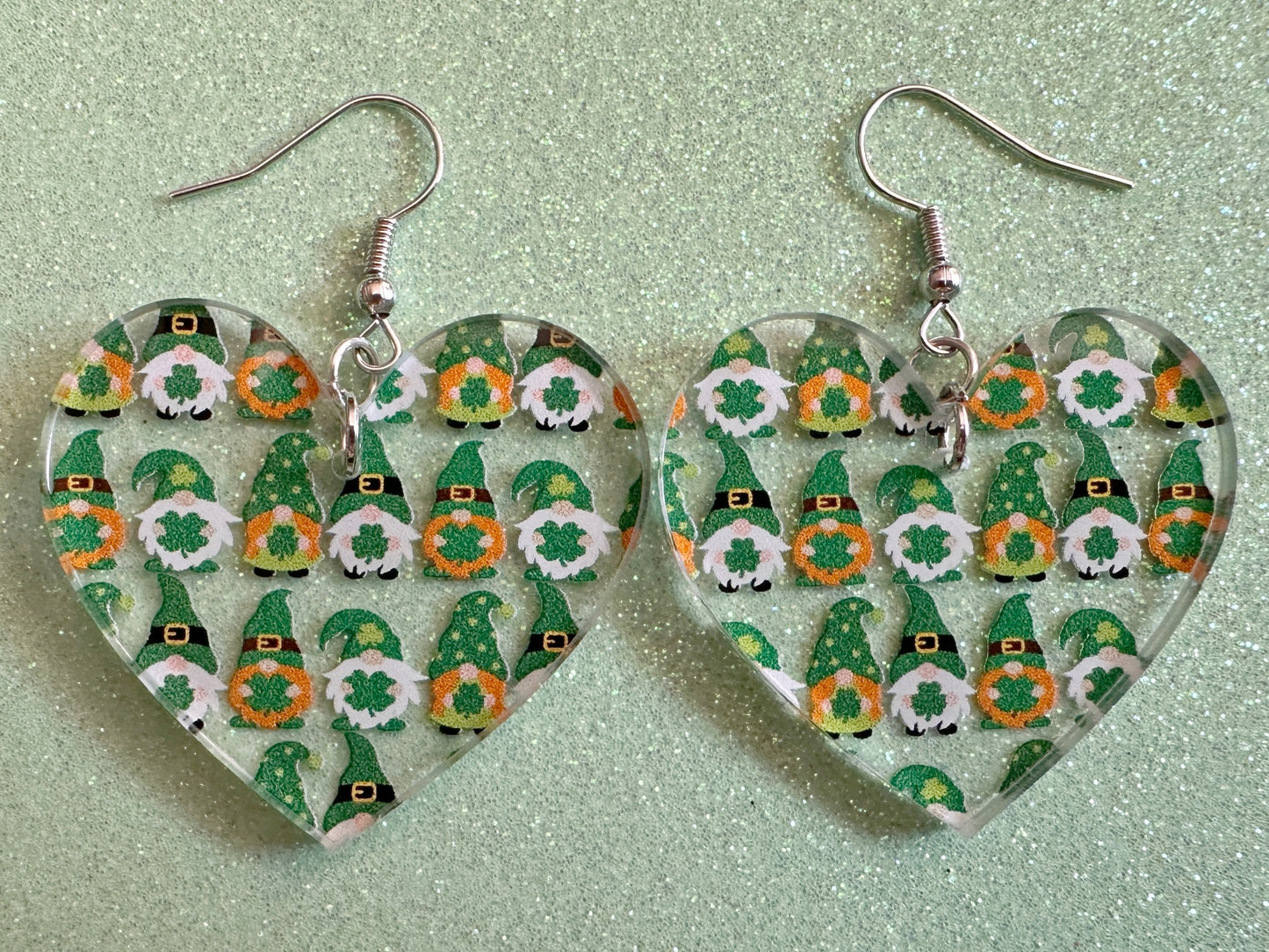 Green Gnome Earrings: Laser Cut Acrylic Gnomes, St. Patrick's Day, Green Earrings, Leprechaun, Four Leaf Clover, Best Gifts for Her/Him/Them