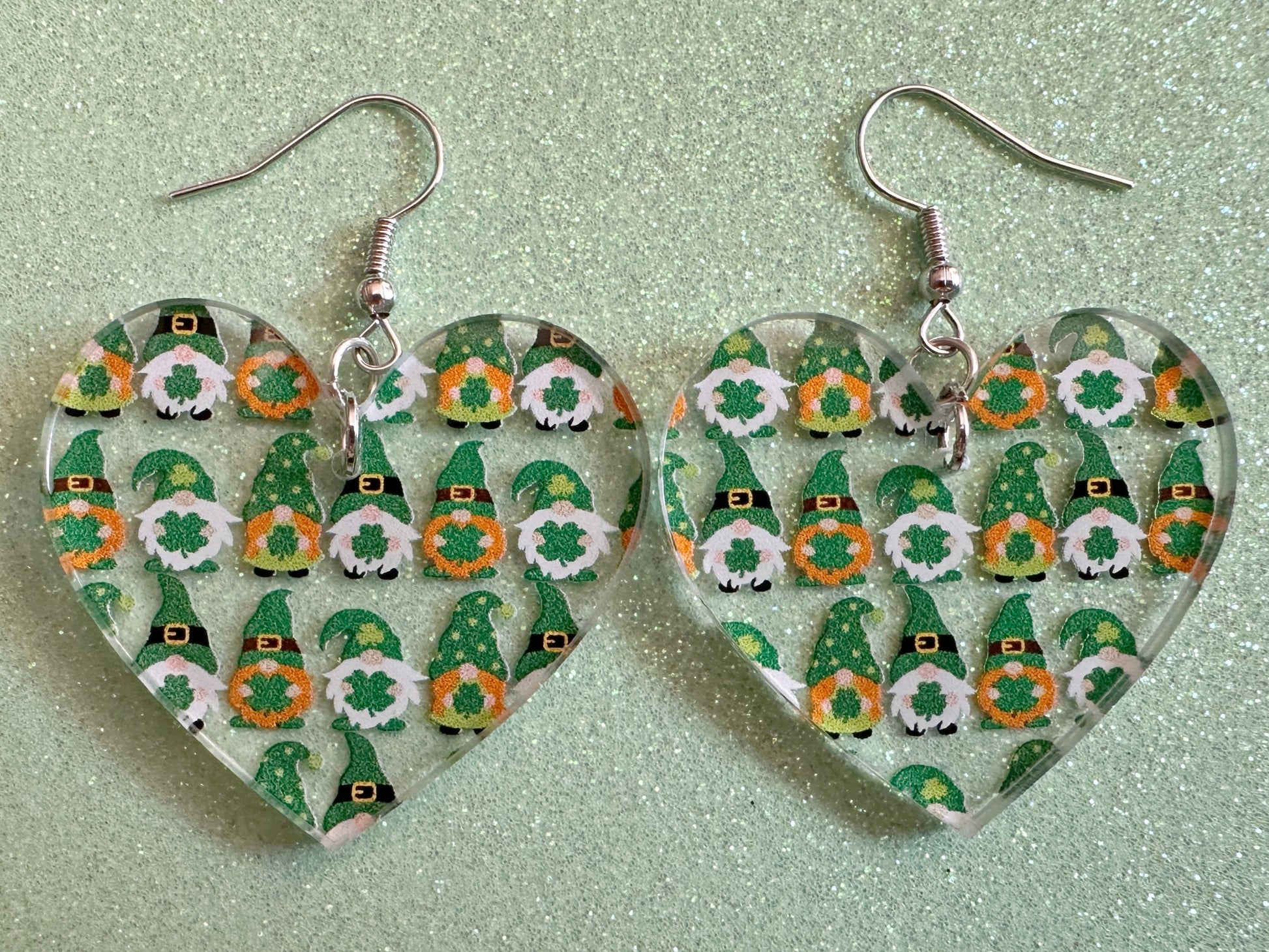 Green Gnome Earrings: Laser Cut Acrylic Gnomes, St. Patrick's Day, Green Earrings, Leprechaun, Four Leaf Clover, Best Gifts for Her/Him/Them