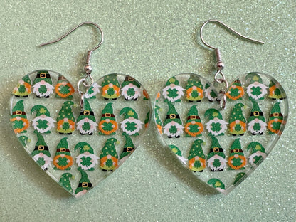 Green Gnome Earrings: Laser Cut Acrylic Gnomes, St. Patrick's Day, Green Earrings, Leprechaun, Four Leaf Clover, Best Gifts for Her/Him/Them