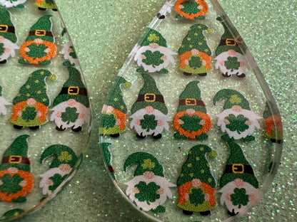 Green Gnome Earrings: Laser Cut Acrylic Gnomes, St. Patrick's Day, Green Earrings, Leprechaun, Four Leaf Clover, Best Gifts for Her/Him/Them