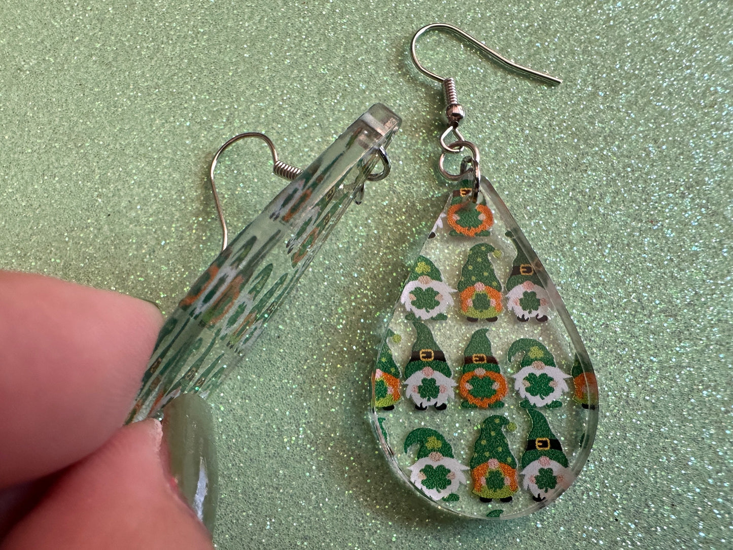 Green Gnome Earrings: Laser Cut Acrylic Gnomes, St. Patrick's Day, Green Earrings, Leprechaun, Four Leaf Clover, Best Gifts for Her/Him/Them