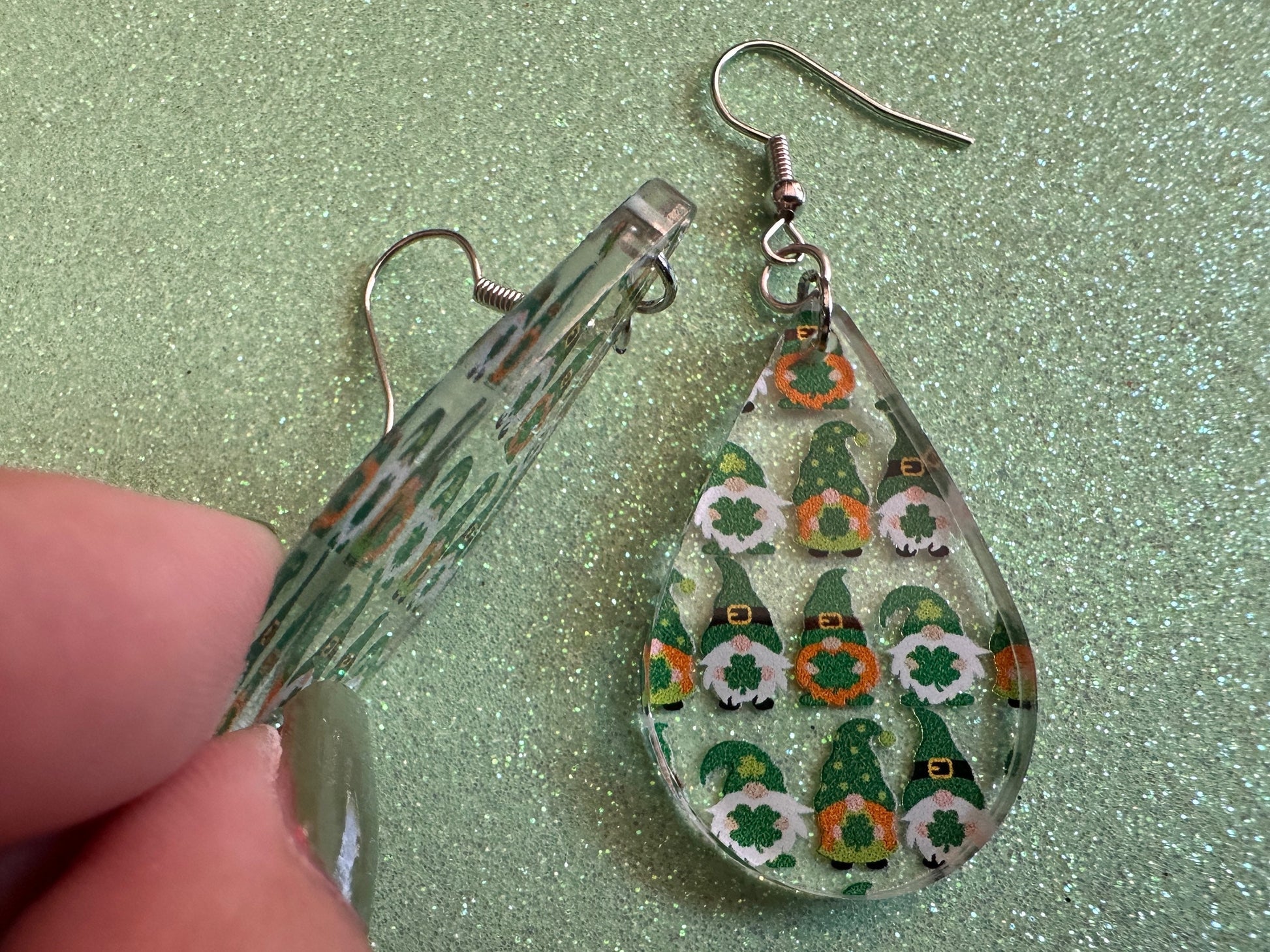 Green Gnome Earrings: Laser Cut Acrylic Gnomes, St. Patrick's Day, Green Earrings, Leprechaun, Four Leaf Clover, Best Gifts for Her/Him/Them