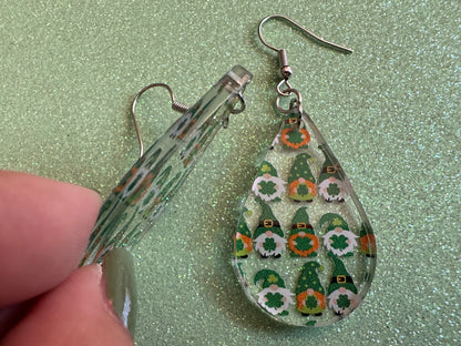 Green Gnome Earrings: Laser Cut Acrylic Gnomes, St. Patrick's Day, Green Earrings, Leprechaun, Four Leaf Clover, Best Gifts for Her/Him/Them