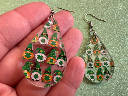 Green Gnome Earrings: Laser Cut Acrylic Gnomes, St. Patrick's Day, Green Earrings, Leprechaun, Four Leaf Clover, Best Gifts for Her/Him/Them
