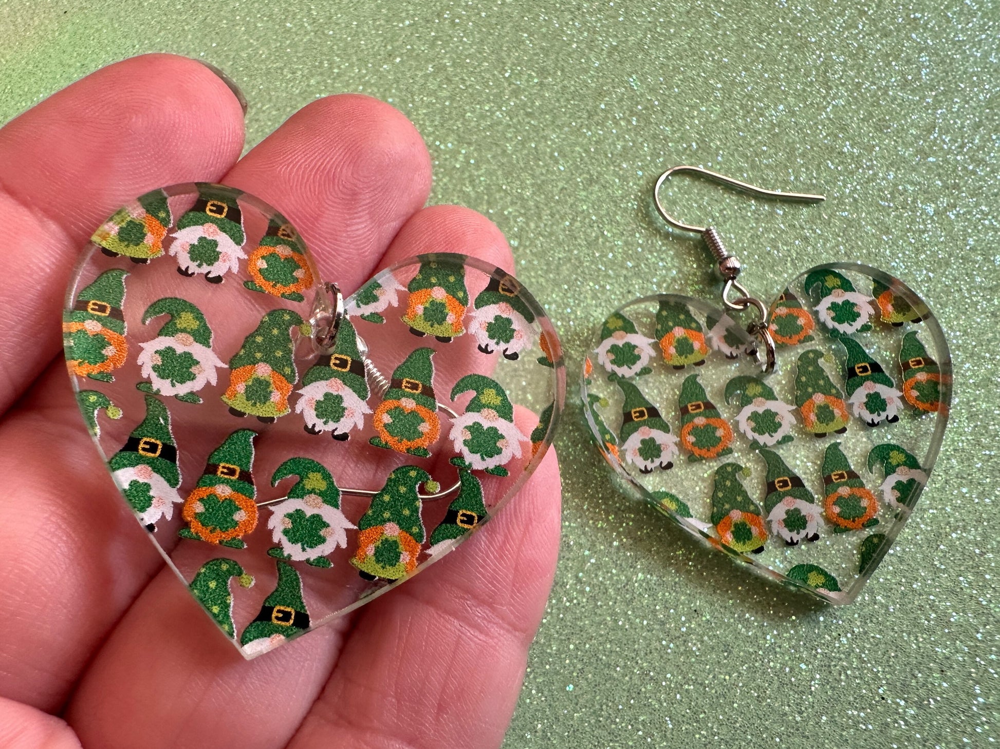 Green Gnome Earrings: Laser Cut Acrylic Gnomes, St. Patrick's Day, Green Earrings, Leprechaun, Four Leaf Clover, Best Gifts for Her/Him/Them