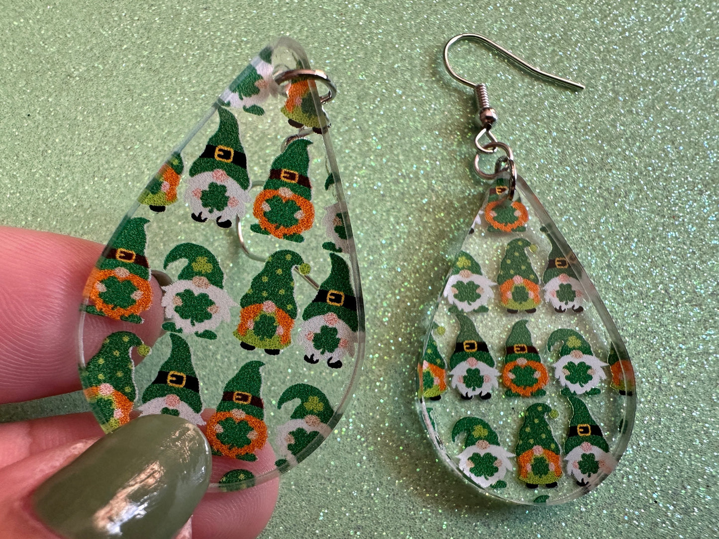 Green Gnome Earrings: Laser Cut Acrylic Gnomes, St. Patrick's Day, Green Earrings, Leprechaun, Four Leaf Clover, Best Gifts for Her/Him/Them