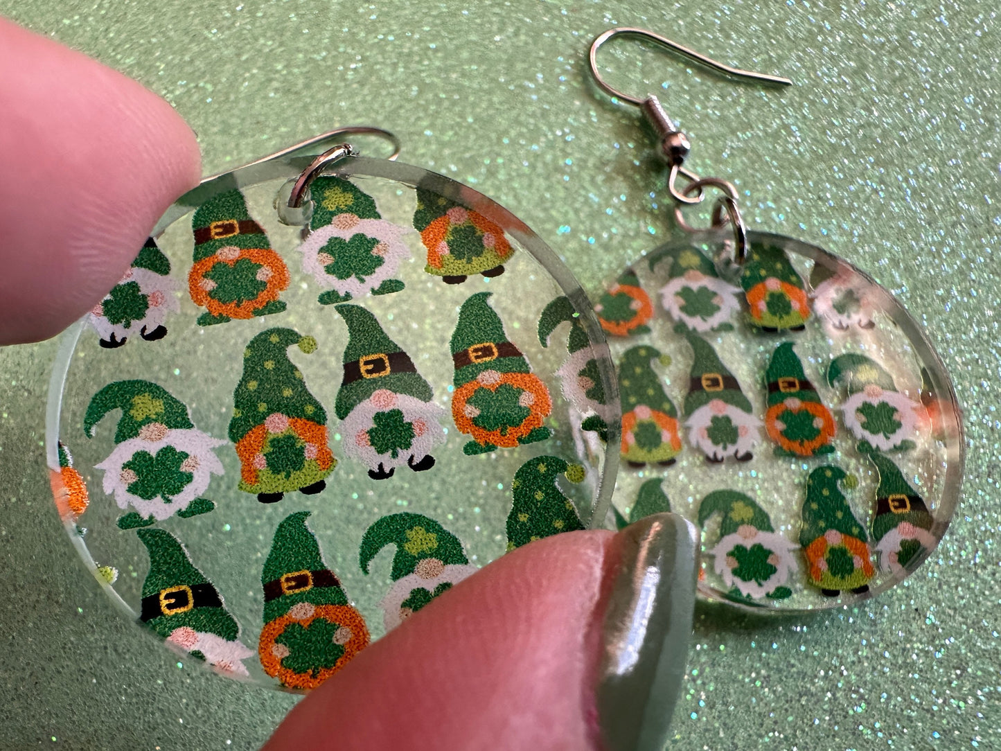 Green Gnome Earrings: Laser Cut Acrylic Gnomes, St. Patrick's Day, Green Earrings, Leprechaun, Four Leaf Clover, Best Gifts for Her/Him/Them