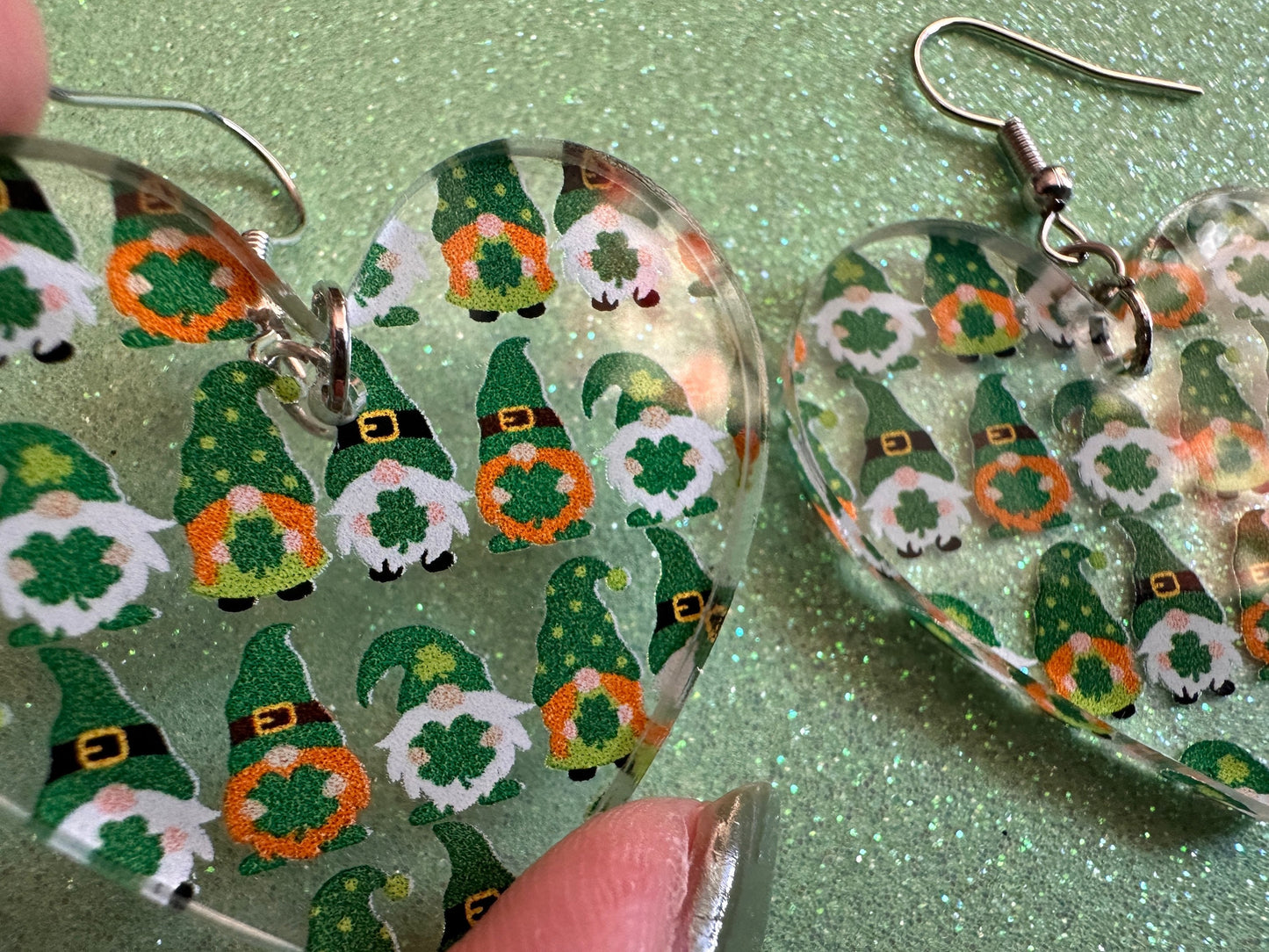 Green Gnome Earrings: Laser Cut Acrylic Gnomes, St. Patrick's Day, Green Earrings, Leprechaun, Four Leaf Clover, Best Gifts for Her/Him/Them