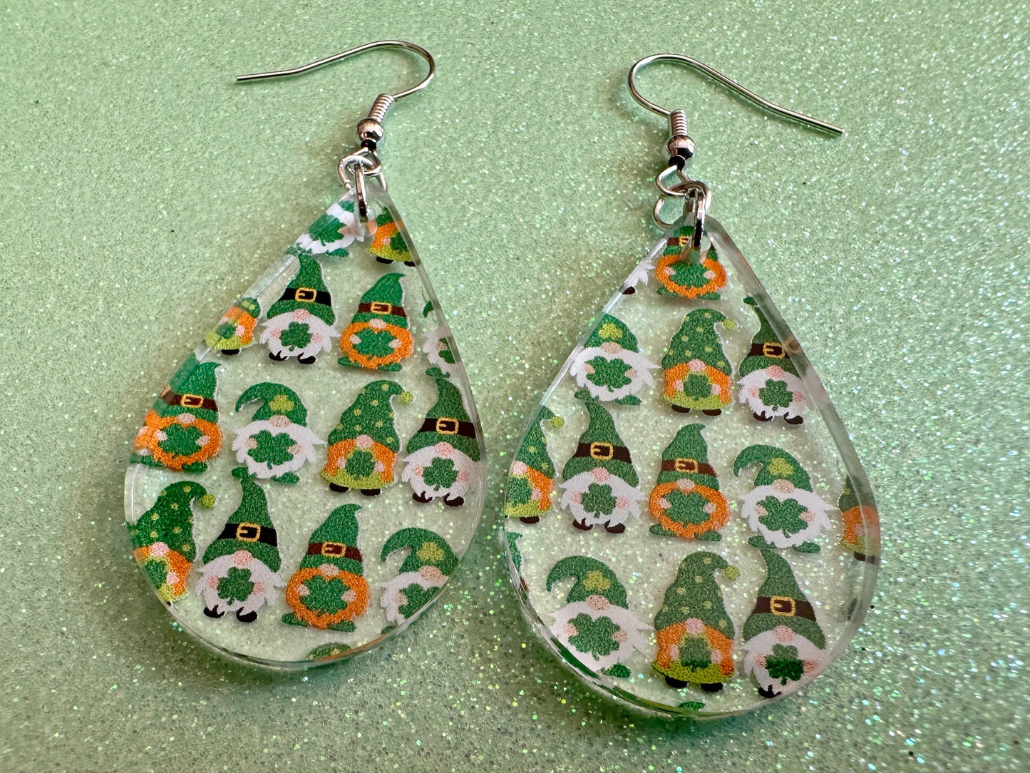 Green Gnome Earrings: Laser Cut Acrylic Gnomes, St. Patrick's Day, Green Earrings, Leprechaun, Four Leaf Clover, Best Gifts for Her/Him/Them
