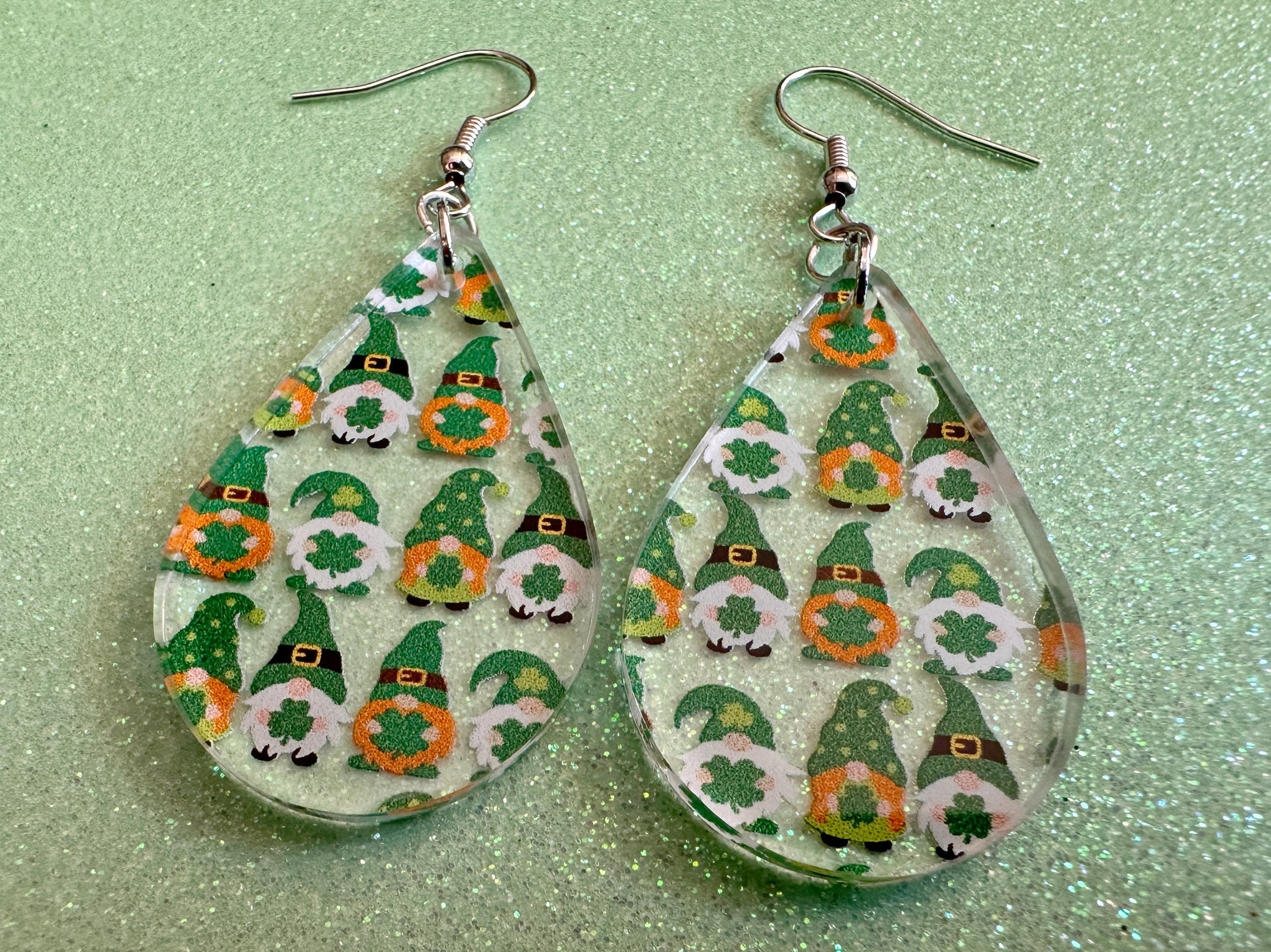 Green Gnome Earrings: Laser Cut Acrylic Gnomes, St. Patrick's Day, Green Earrings, Leprechaun, Four Leaf Clover, Best Gifts for Her/Him/Them