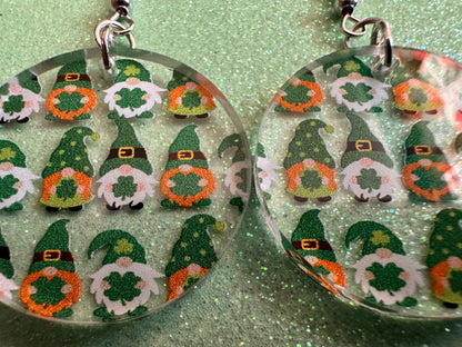 Green Gnome Earrings: Laser Cut Acrylic Gnomes, St. Patrick's Day, Green Earrings, Leprechaun, Four Leaf Clover, Best Gifts for Her/Him/Them