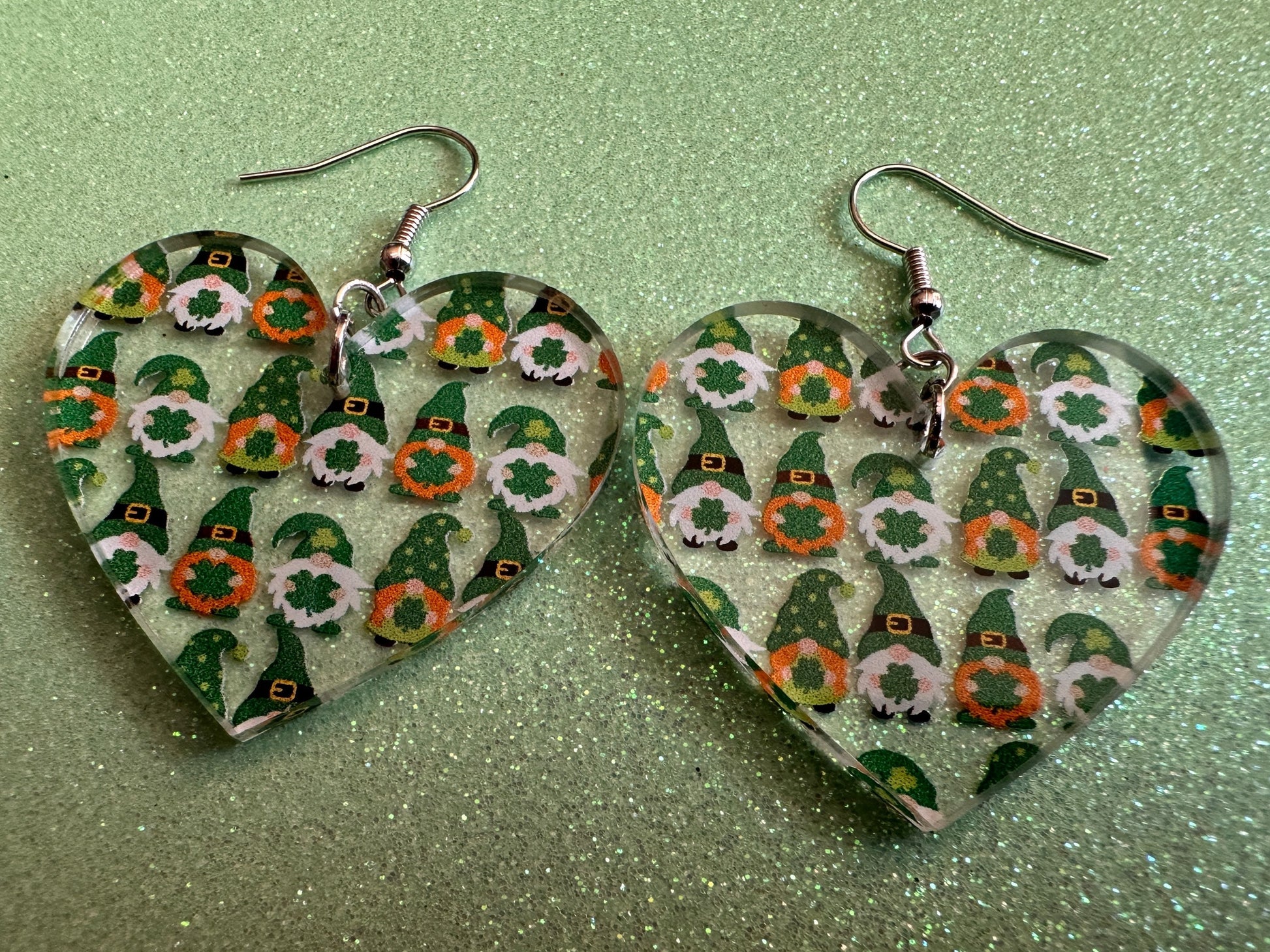 Green Gnome Earrings: Laser Cut Acrylic Gnomes, St. Patrick's Day, Green Earrings, Leprechaun, Four Leaf Clover, Best Gifts for Her/Him/Them