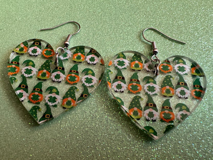 Green Gnome Earrings: Laser Cut Acrylic Gnomes, St. Patrick's Day, Green Earrings, Leprechaun, Four Leaf Clover, Best Gifts for Her/Him/Them