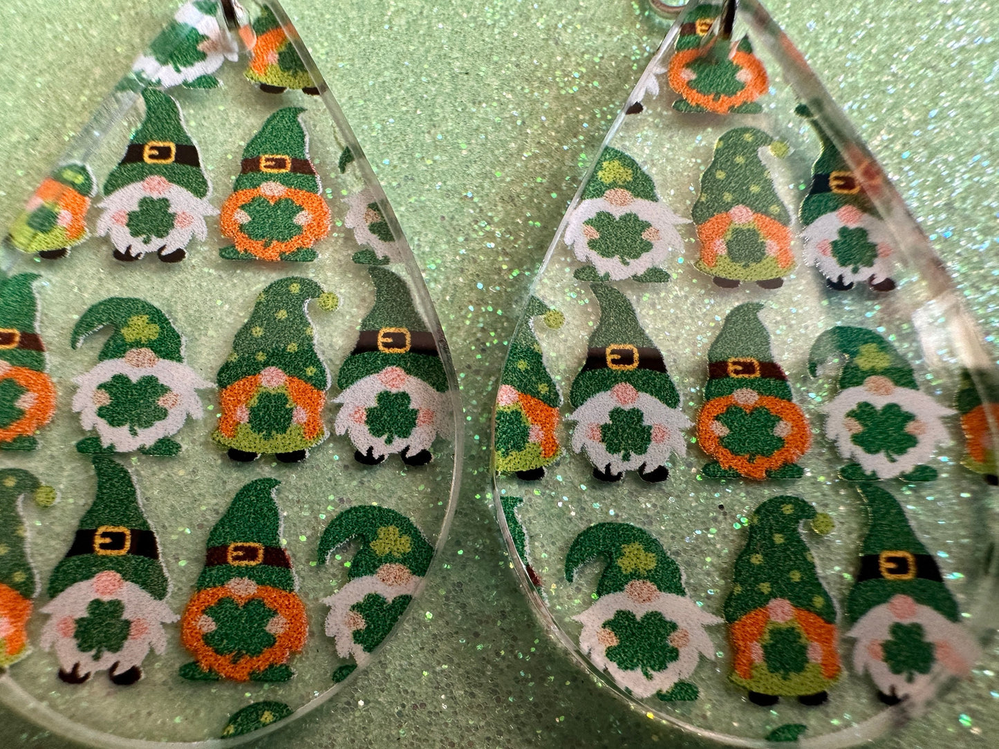 Green Gnome Earrings: Laser Cut Acrylic Gnomes, St. Patrick's Day, Green Earrings, Leprechaun, Four Leaf Clover, Best Gifts for Her/Him/Them