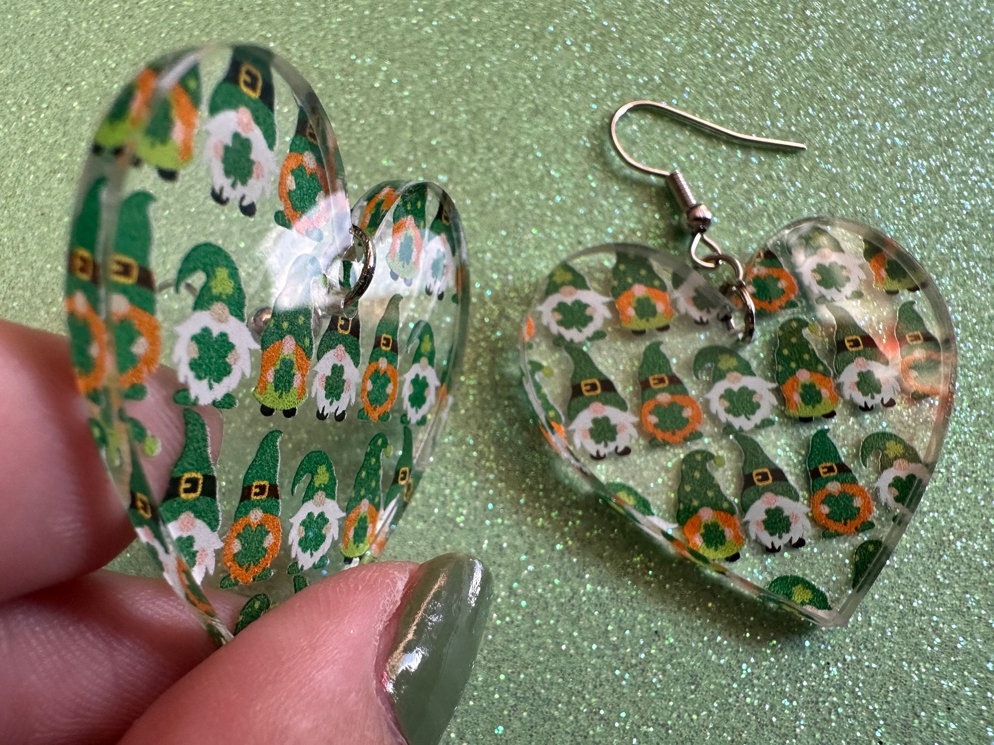 Green Gnome Earrings: Laser Cut Acrylic Gnomes, St. Patrick's Day, Green Earrings, Leprechaun, Four Leaf Clover, Best Gifts for Her/Him/Them
