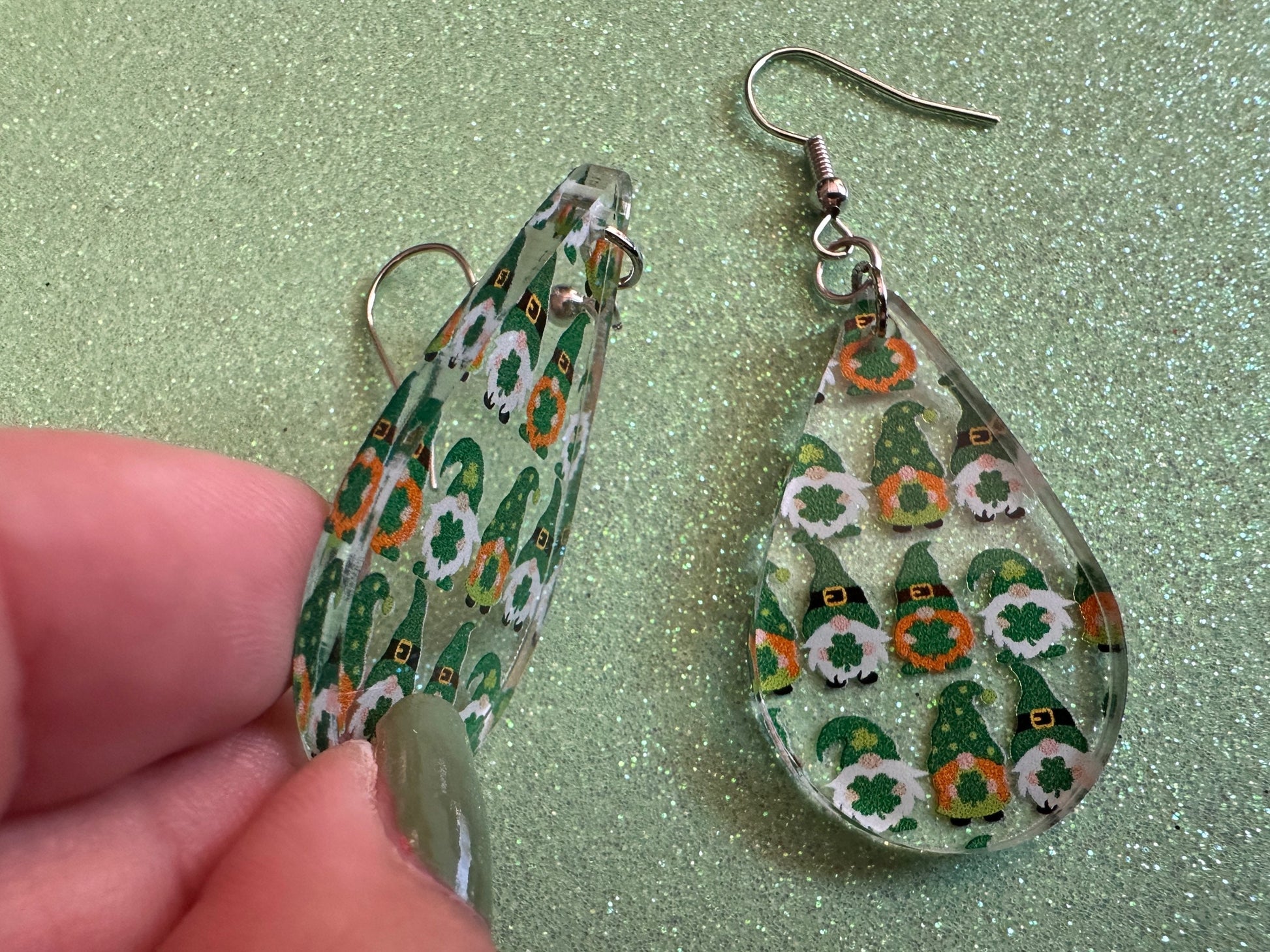 Green Gnome Earrings: Laser Cut Acrylic Gnomes, St. Patrick's Day, Green Earrings, Leprechaun, Four Leaf Clover, Best Gifts for Her/Him/Them