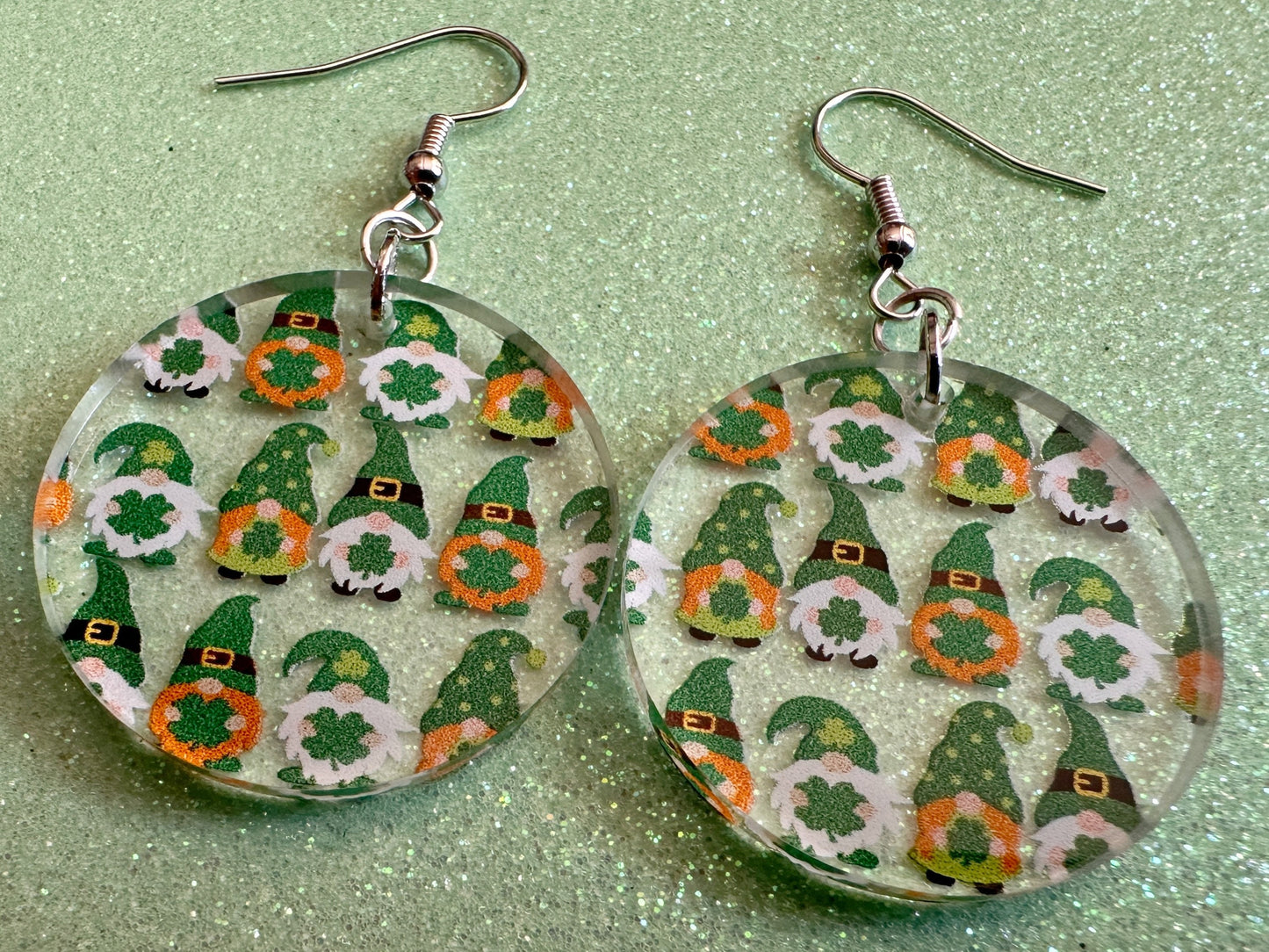Green Gnome Earrings: Laser Cut Acrylic Gnomes, St. Patrick's Day, Green Earrings, Leprechaun, Four Leaf Clover, Best Gifts for Her/Him/Them