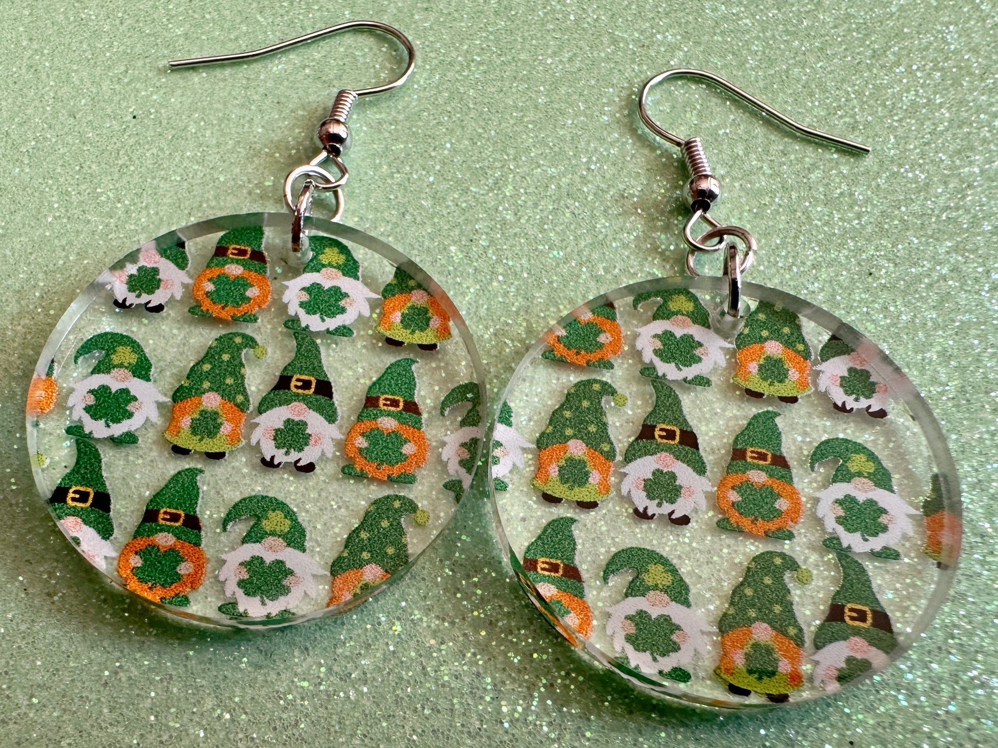 Green Gnome Earrings: Laser Cut Acrylic Gnomes, St. Patrick's Day, Green Earrings, Leprechaun, Four Leaf Clover, Best Gifts for Her/Him/Them