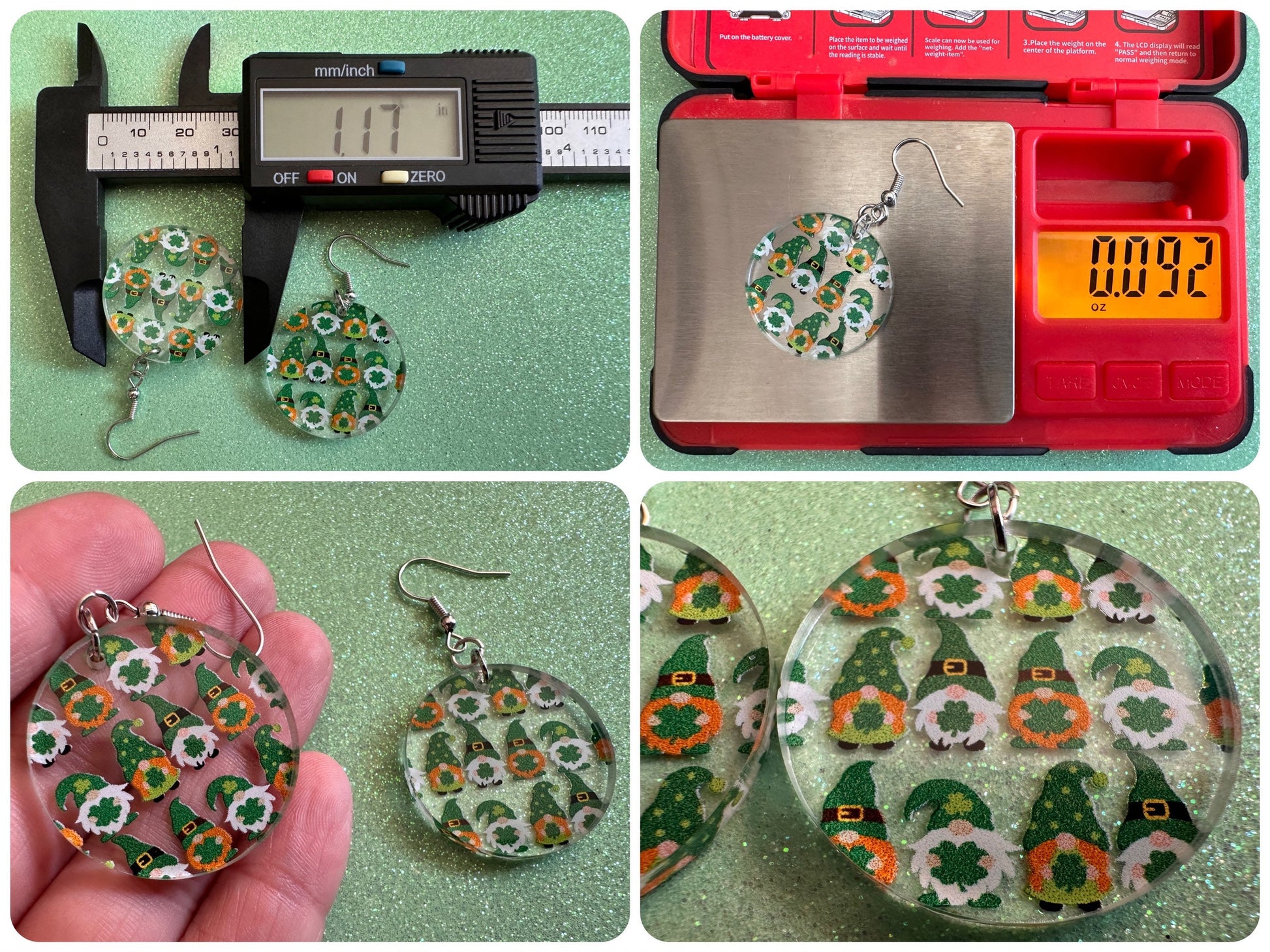 Green Gnome Earrings: Laser Cut Acrylic Gnomes, St. Patrick's Day, Green Earrings, Leprechaun, Four Leaf Clover, Best Gifts for Her/Him/Them