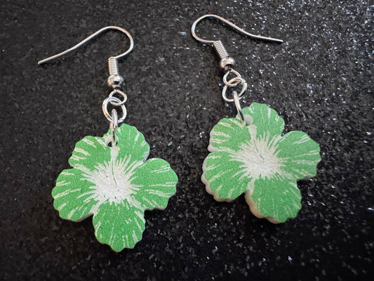 Green Hibiscus Earrings: Laser Cut Acrylic Flowers, Floral, Flowers, Hawaii, Maui Strong, Summer Vibes, Best Gifts for Her/Him/Them