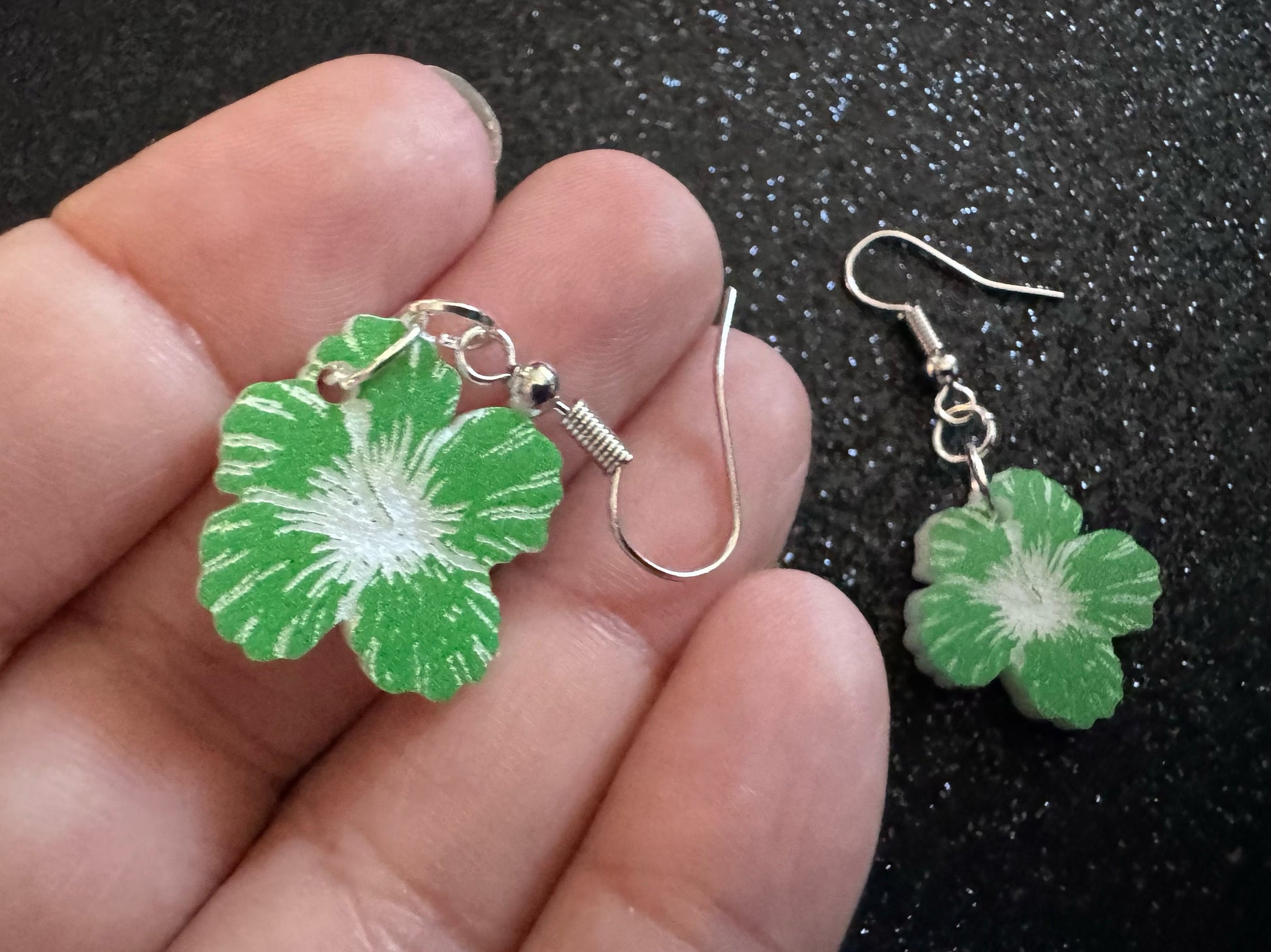 Green Hibiscus Earrings: Laser Cut Acrylic Flowers, Floral, Flowers, Hawaii, Maui Strong, Summer Vibes, Best Gifts for Her/Him/Them