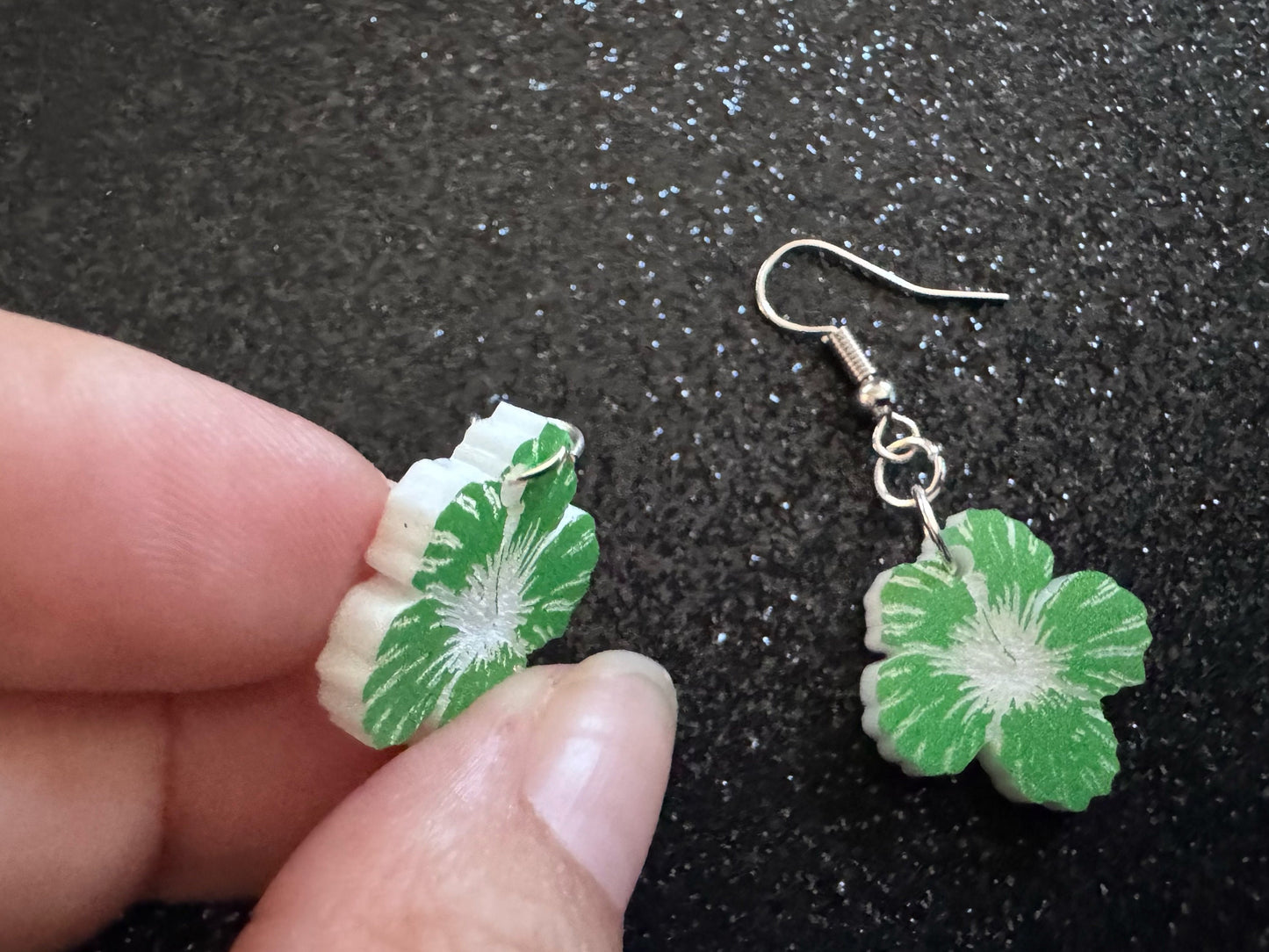 Green Hibiscus Earrings: Laser Cut Acrylic Flowers, Floral, Flowers, Hawaii, Maui Strong, Summer Vibes, Best Gifts for Her/Him/Them
