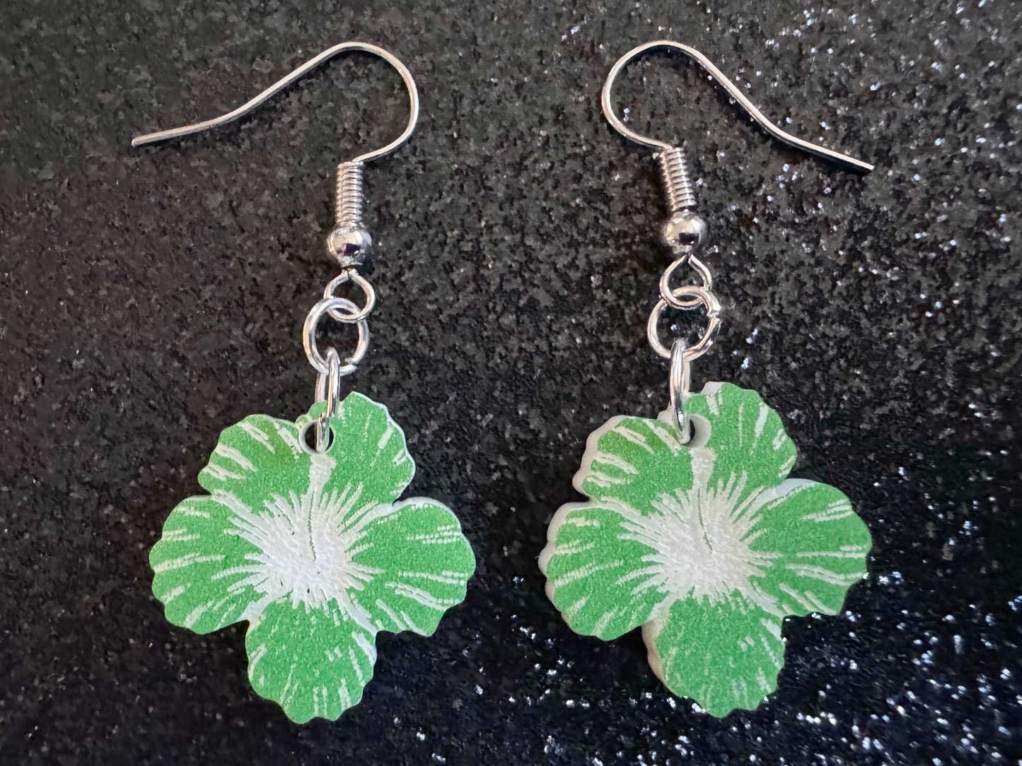 Green Hibiscus Earrings: Laser Cut Acrylic Flowers, Floral, Flowers, Hawaii, Maui Strong, Summer Vibes, Best Gifts for Her/Him/Them