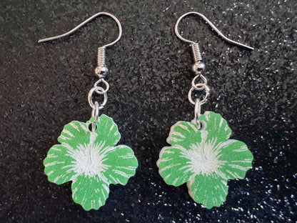 Green Hibiscus Earrings: Laser Cut Acrylic Flowers, Floral, Flowers, Hawaii, Maui Strong, Summer Vibes, Best Gifts for Her/Him/Them