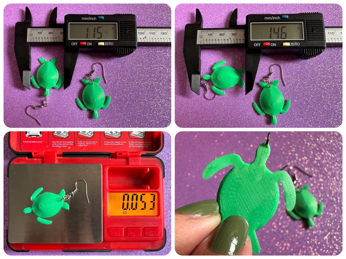 Green Turtle Earrings: 3D Printed Sea Turtles, Ocean Animals, Sea Creatures, Aquatic, Hawaii, Honu, Green Earrings, Gifts for Her/Him/Them
