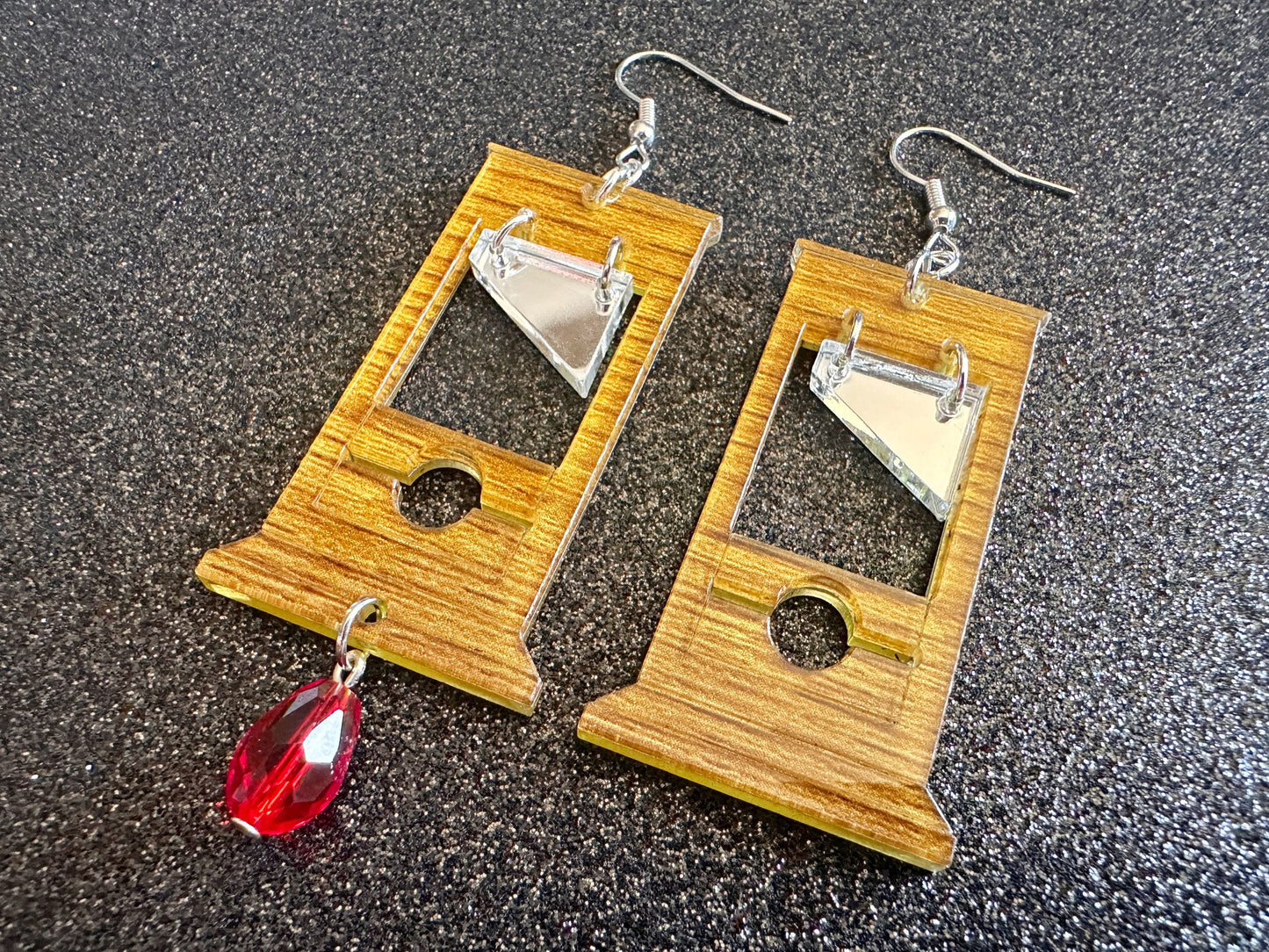 Guillotine Earrings: Faux Wood, Halloween, Scary, Horror, Execution, Death, Decapitation, Laser Cut Acrylic & Wood, Gifts for Her/Him/Them