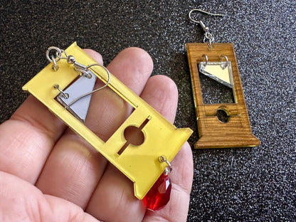 Guillotine Earrings: Faux Wood, Halloween, Scary, Horror, Execution, Death, Decapitation, Laser Cut Acrylic & Wood, Gifts for Her/Him/Them